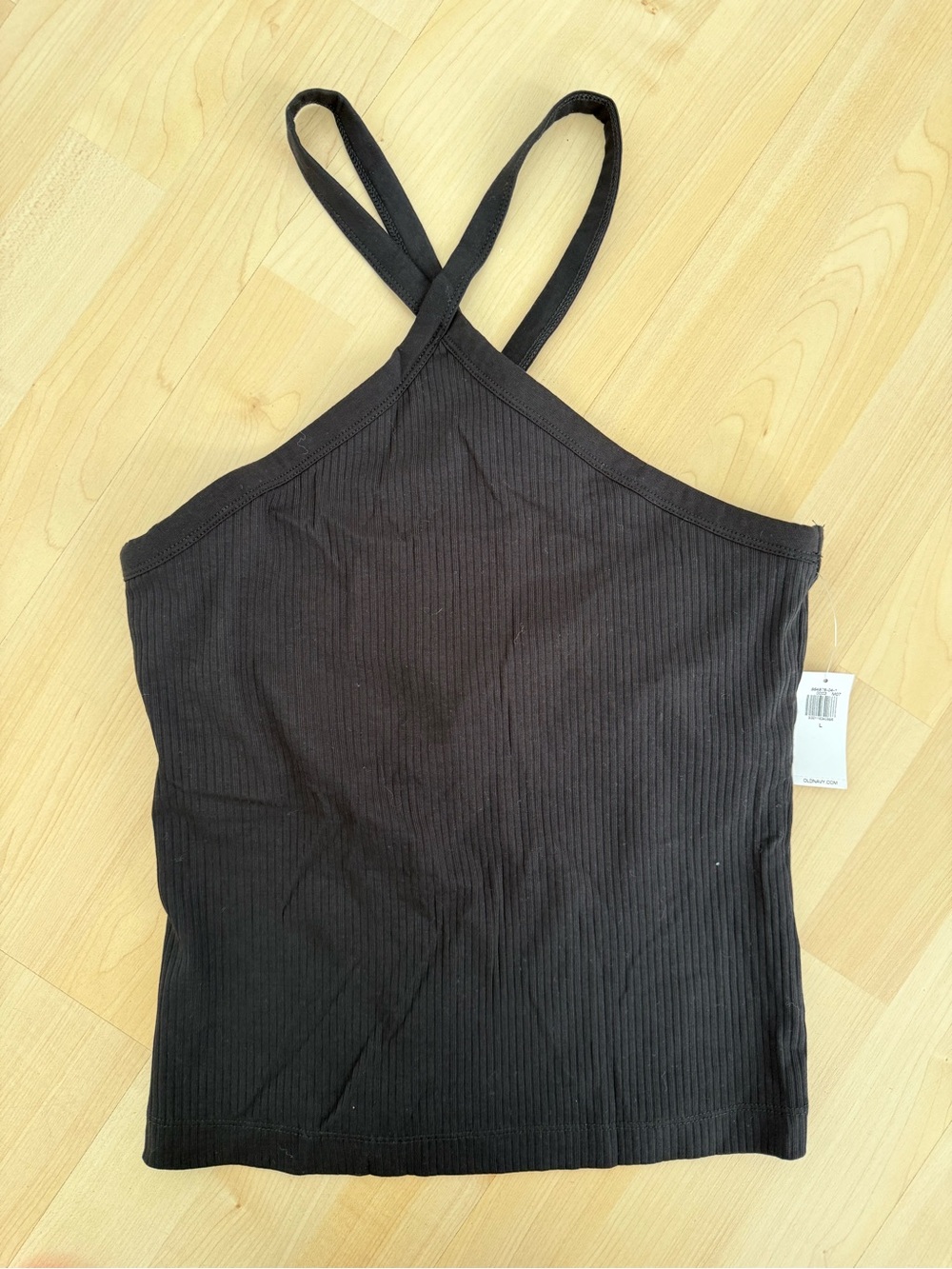 Black Ribbed Cross-Strap Halter Tank Top - Women